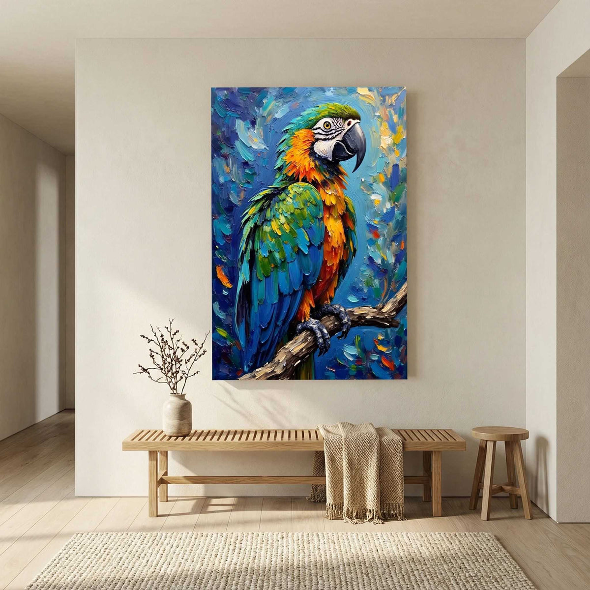 Blue Macaw Oil Style painting on canvas featuring an electric-blue, green, and orange macaw perched on a branch with bold oil-style brushstrokes