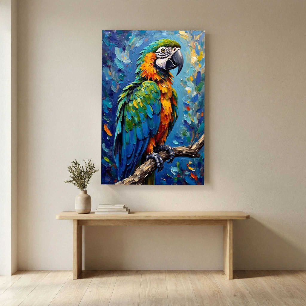 Blue Macaw Oil Style canvas wall art featuring an electric blue and orange macaw perched on a branch in vibrant oil-style strokes