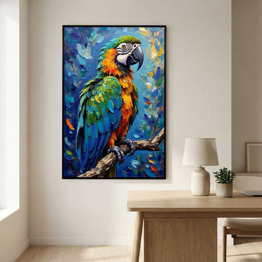 Blue Macaw Oil Style canvas wall art featuring an electric-blue macaw in vibrant jewel-toned oil-style brush strokes on a matte background