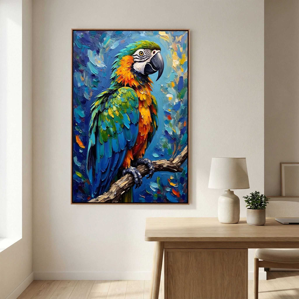 Blue Macaw Oil Style painting on canvas featuring vibrant jewel-toned parrot with textured oil-style brushstrokes