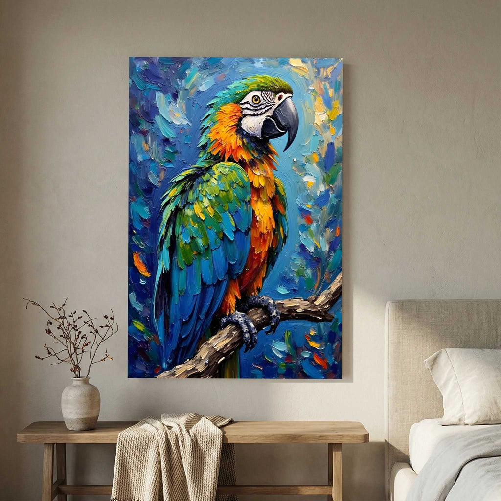 Blue Macaw Oil Style canvas wall art featuring a vibrant parrot with electric blue, green, and orange feathers on a textured colorful background
