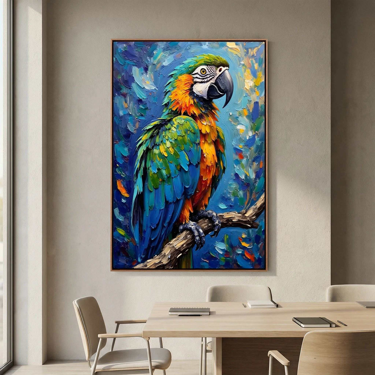 Blue Macaw Oil Style canvas wall art depicting a vibrant tropical bird in jewel-toned electric blues, greens, and oranges with bold oil-style brushstrokes