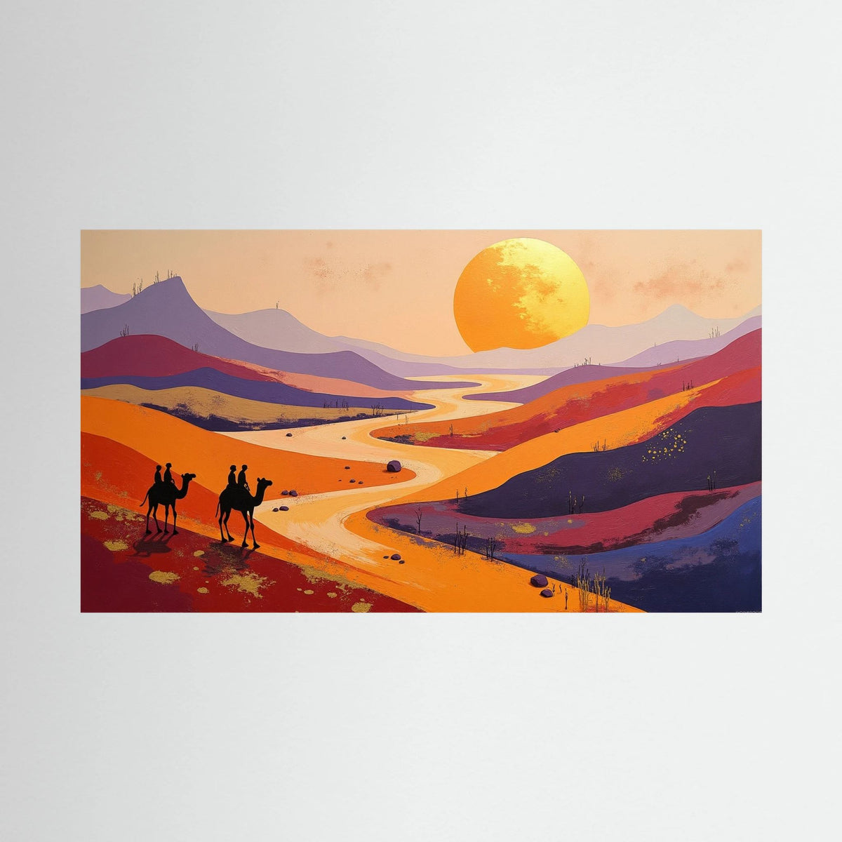 Abstract wall canvas titled Camel Duo In The Desert Sands featuring two camels silhouetted against colorful desert hills and a large setting sun