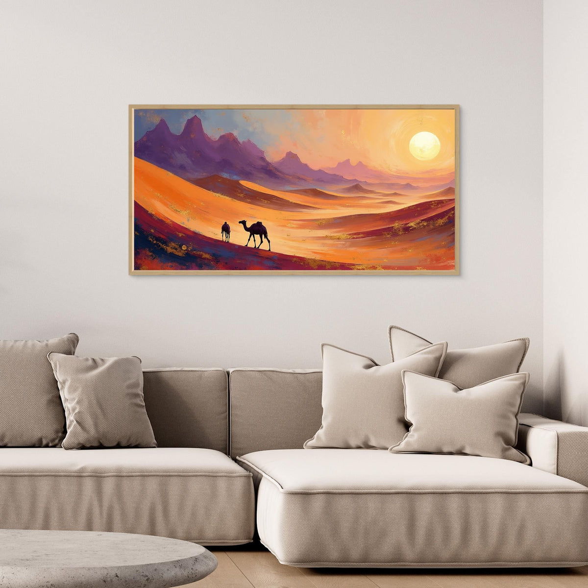 abstract wall canvas featuring warm orange and purple desert landscape with silhouettes of camels and a bright sun, titled Camels In The Dessert