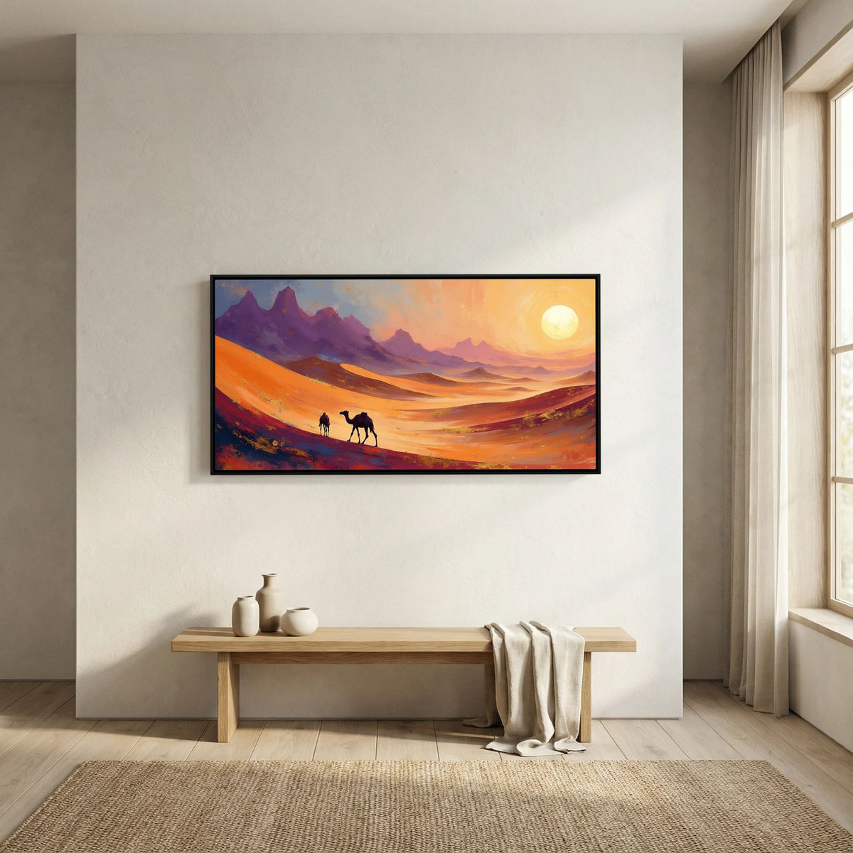 Abstract wall canvas featuring camels in warm orange and purple desert landscape with setting sun, titled Camels In The Dessert
