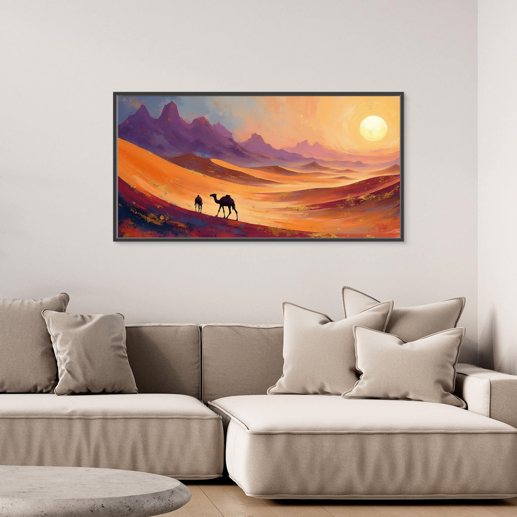 Abstract wall canvas featuring warm orange and purple desert landscape with silhouettes of two camels, sunset backdrop, perfect for Camels In The Dessert theme