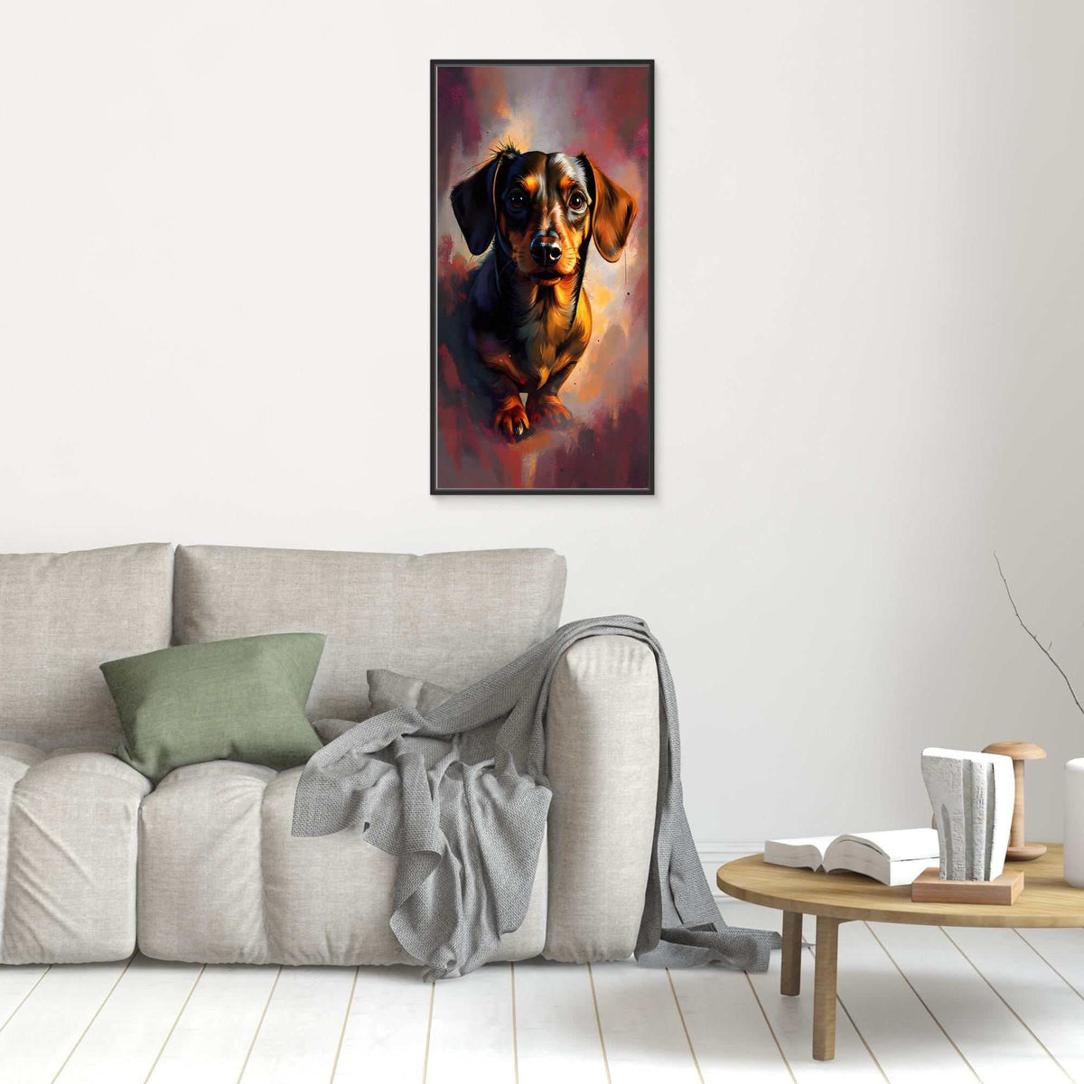 Dachshunds Intense Gaze art canvas featuring a black and brown dachshund with a focused expression in warm tones