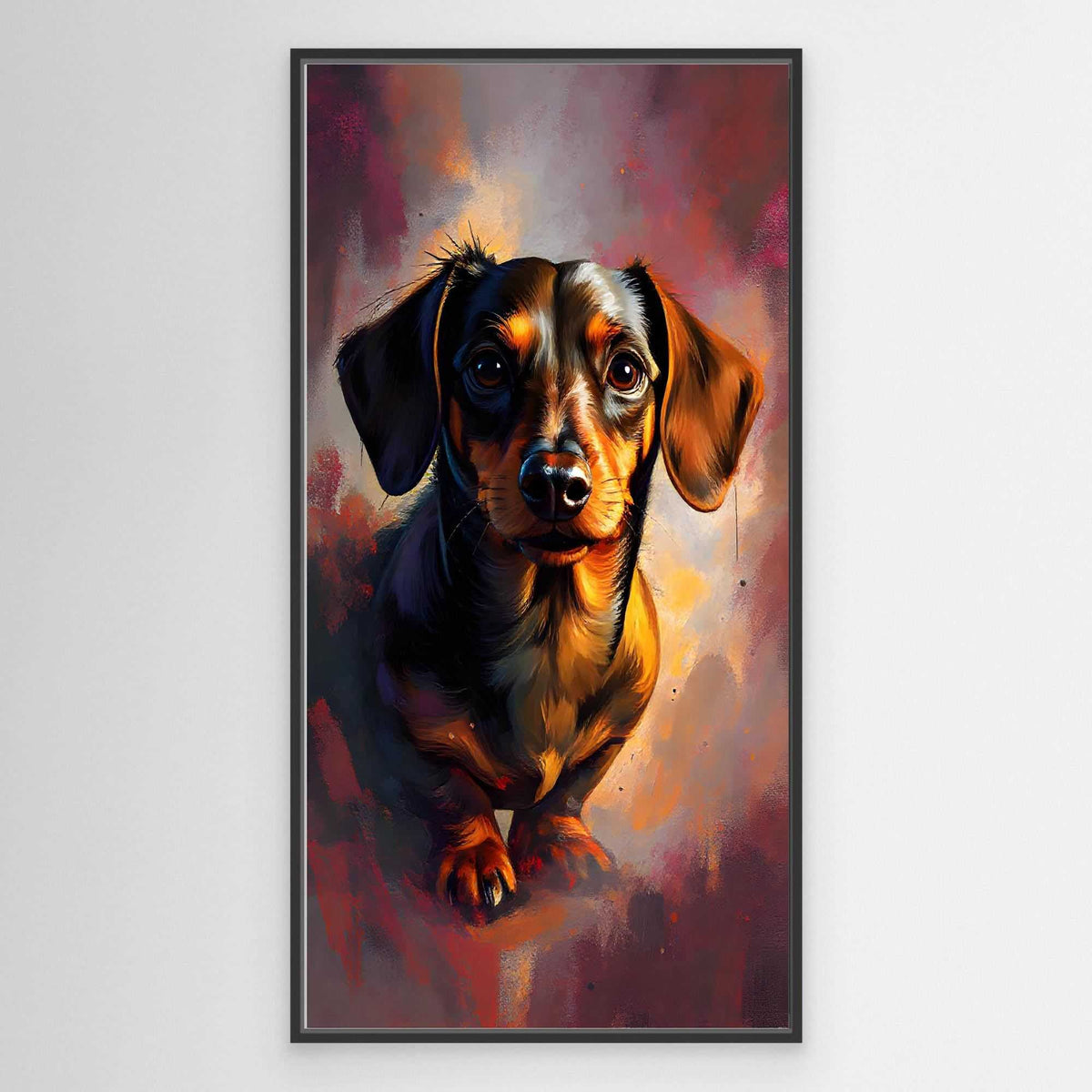 Dachshunds Intense Gaze canvas wall art featuring a digitally painted black and tan dachshund with a focused, expressive look