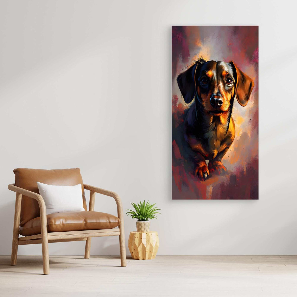Dachshunds Intense Gaze canvas wall art depicting a glossy black and tan dachshund with a focused expression on a colorful abstract background