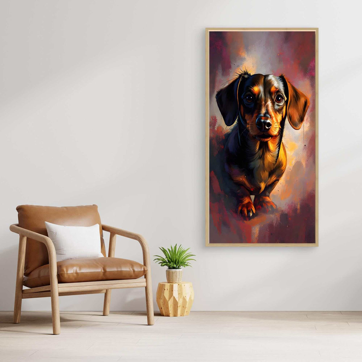 Canvas wall art of a brown and black dachshund with a focused expression and vivid colorful background, exhibiting Dachshunds Intense Gaze