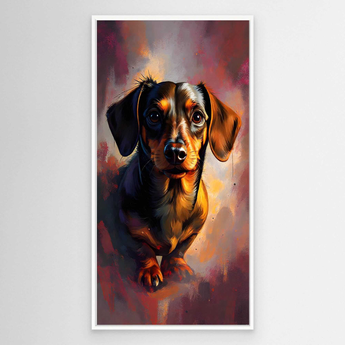 Dachshunds Intense Gaze canvas wall art featuring a black and brown dachshund with a focused expression and vibrant abstract background