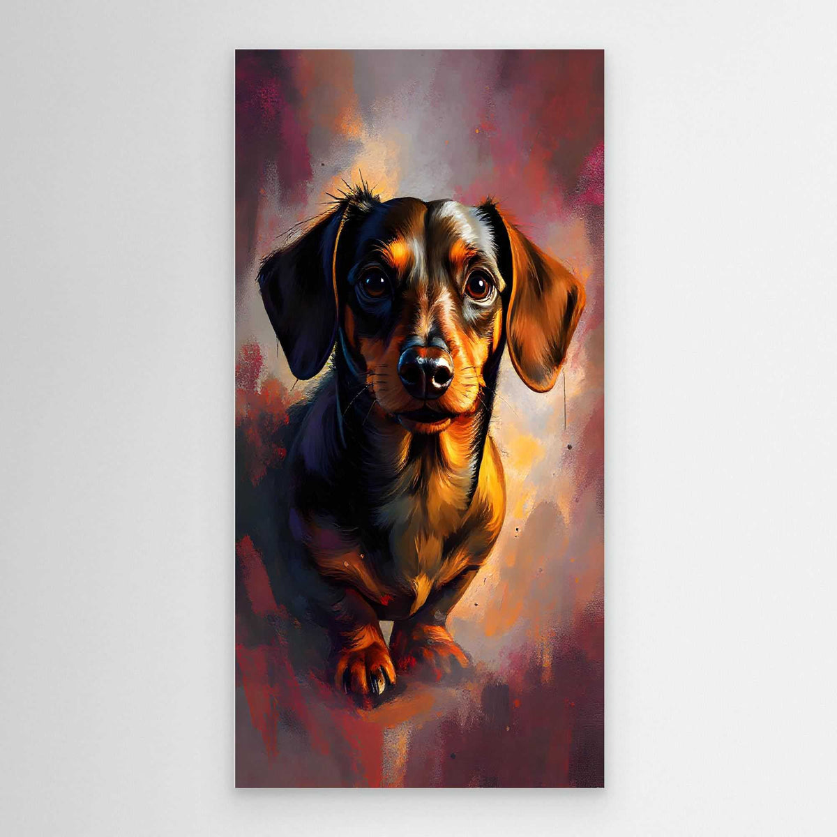 Dachshunds Intense Gaze digital canvas wall art featuring a detailed brown and black dachshund with a bold, expressive face