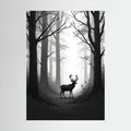 Deer Black & White Wall Canvas featuring a silhouette of a deer standing in a misty forest with tall bare trees and a soft gradient background