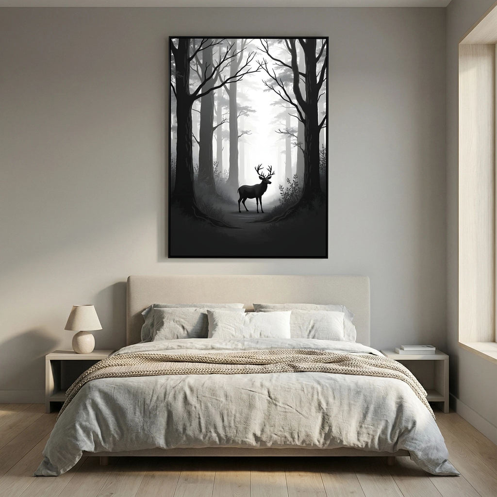 Deer Black & White Wall Canvas featuring a silhouette of a deer in a misty forest with tall trees in monochrome shades