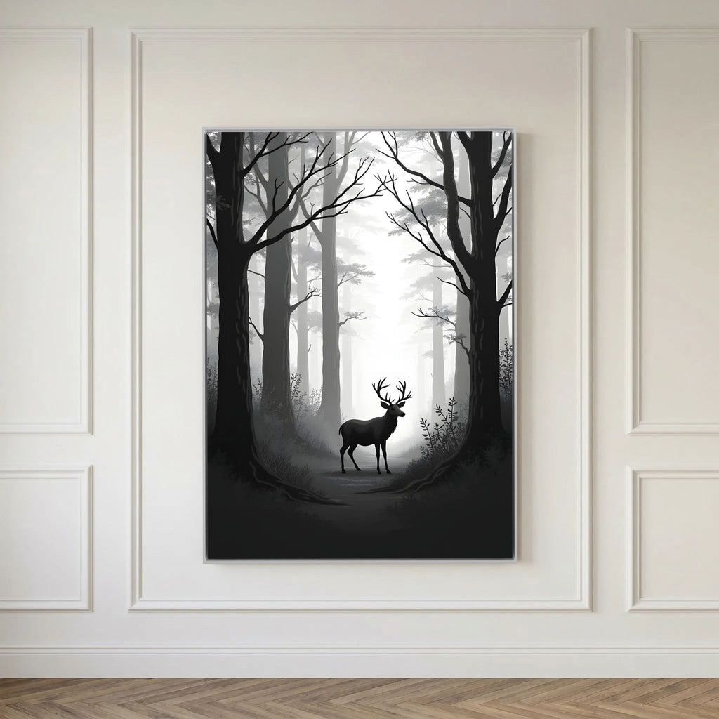 Deer Black & White Wall Canvas featuring a silhouette of a deer standing between tall trees in a misty forest scene with grayscale tones