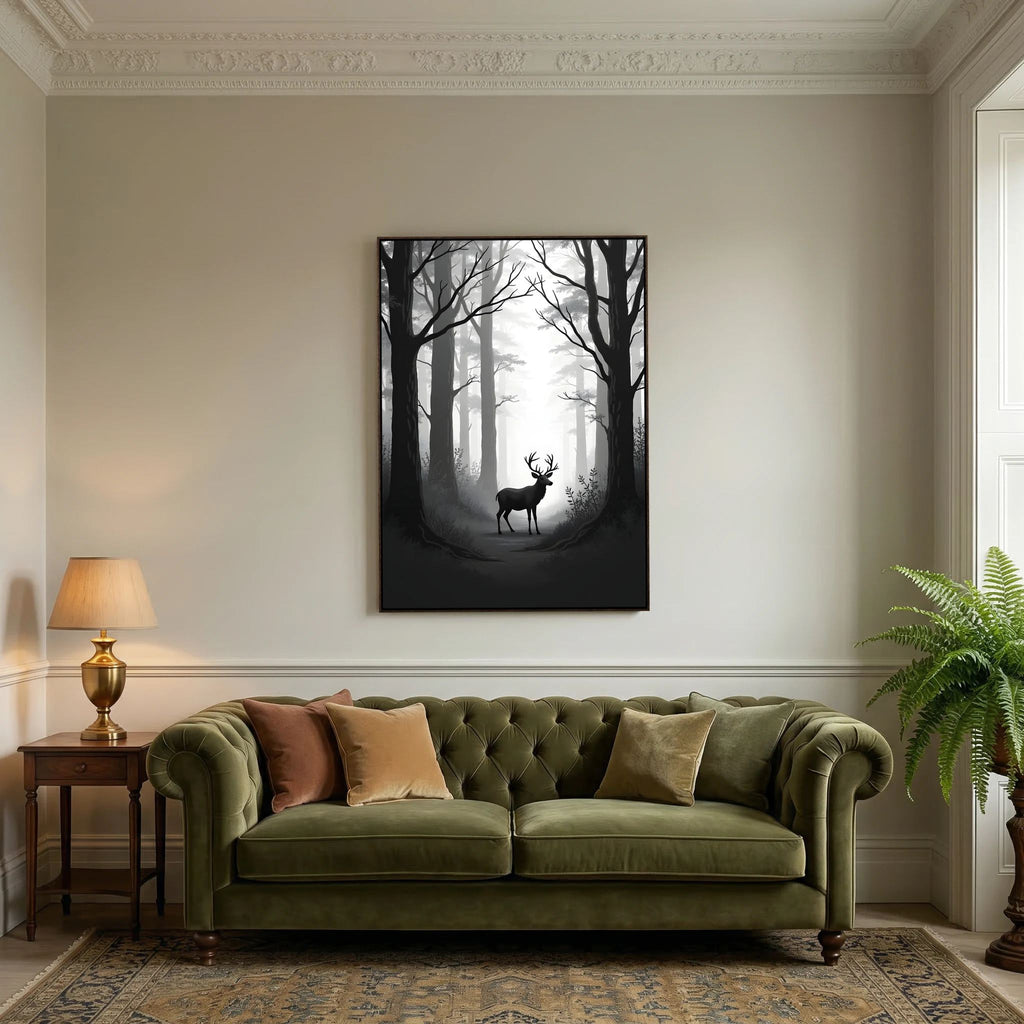 Deer Black & White Wall Canvas featuring a silhouette of a deer in a misty forest with tall trees in monochrome shades