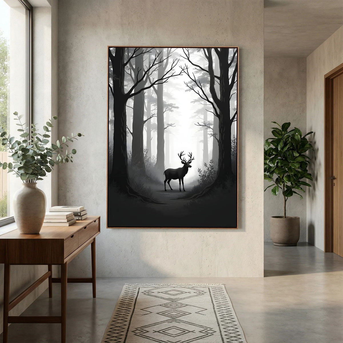 Deer Black & White Wall Canvas featuring a monochrome forest scene with a silhouetted stag in a misty woodland setting