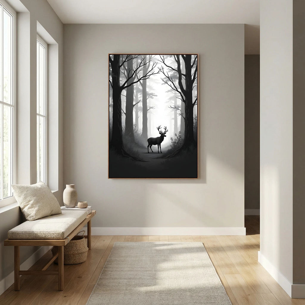 Deer Black & White Wall Canvas featuring a silhouette of a deer with antlers standing in a misty forest of tall trees with bare branches