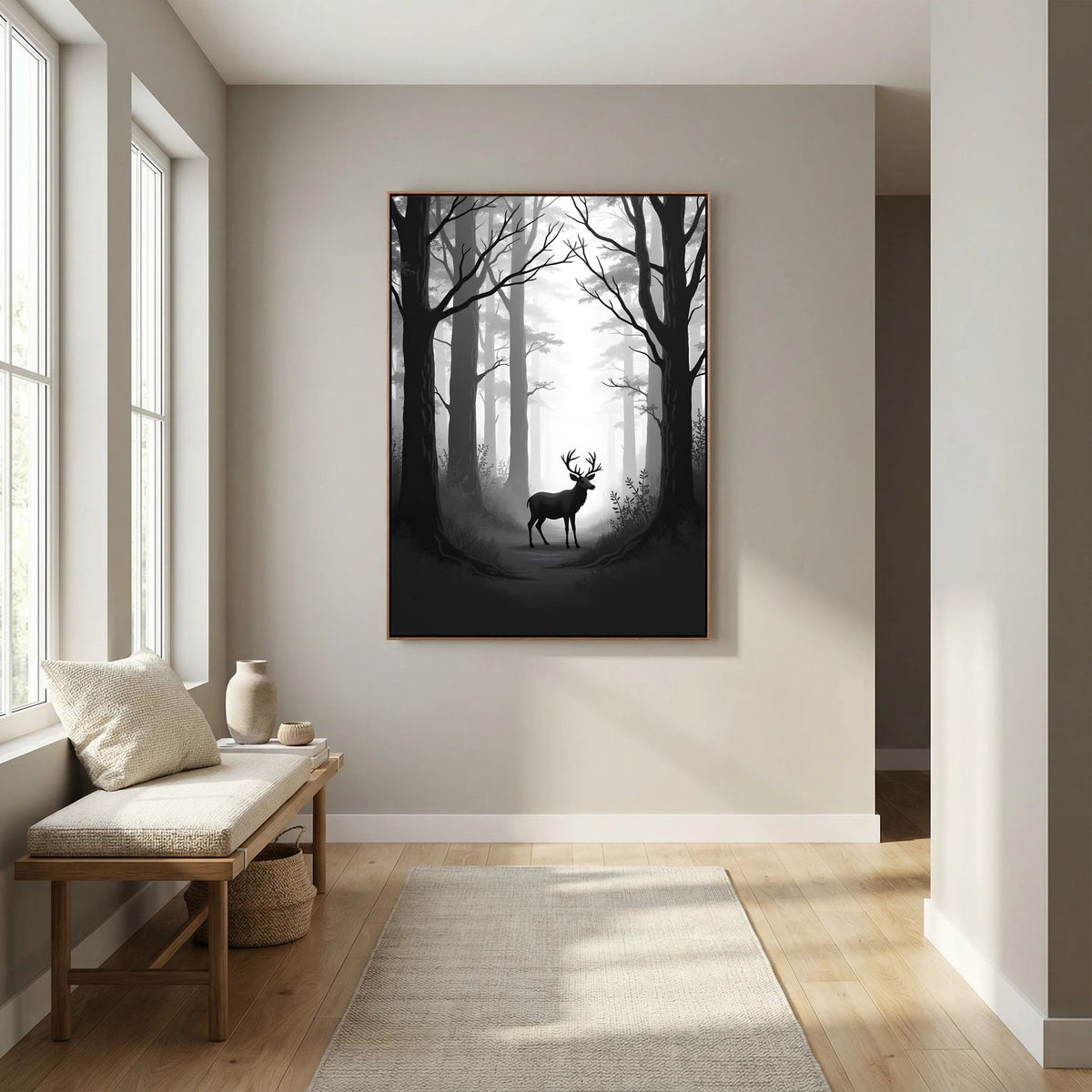 Deer Black & White Wall Canvas featuring a silhouette of a deer with antlers standing in a misty forest of tall trees with bare branches
