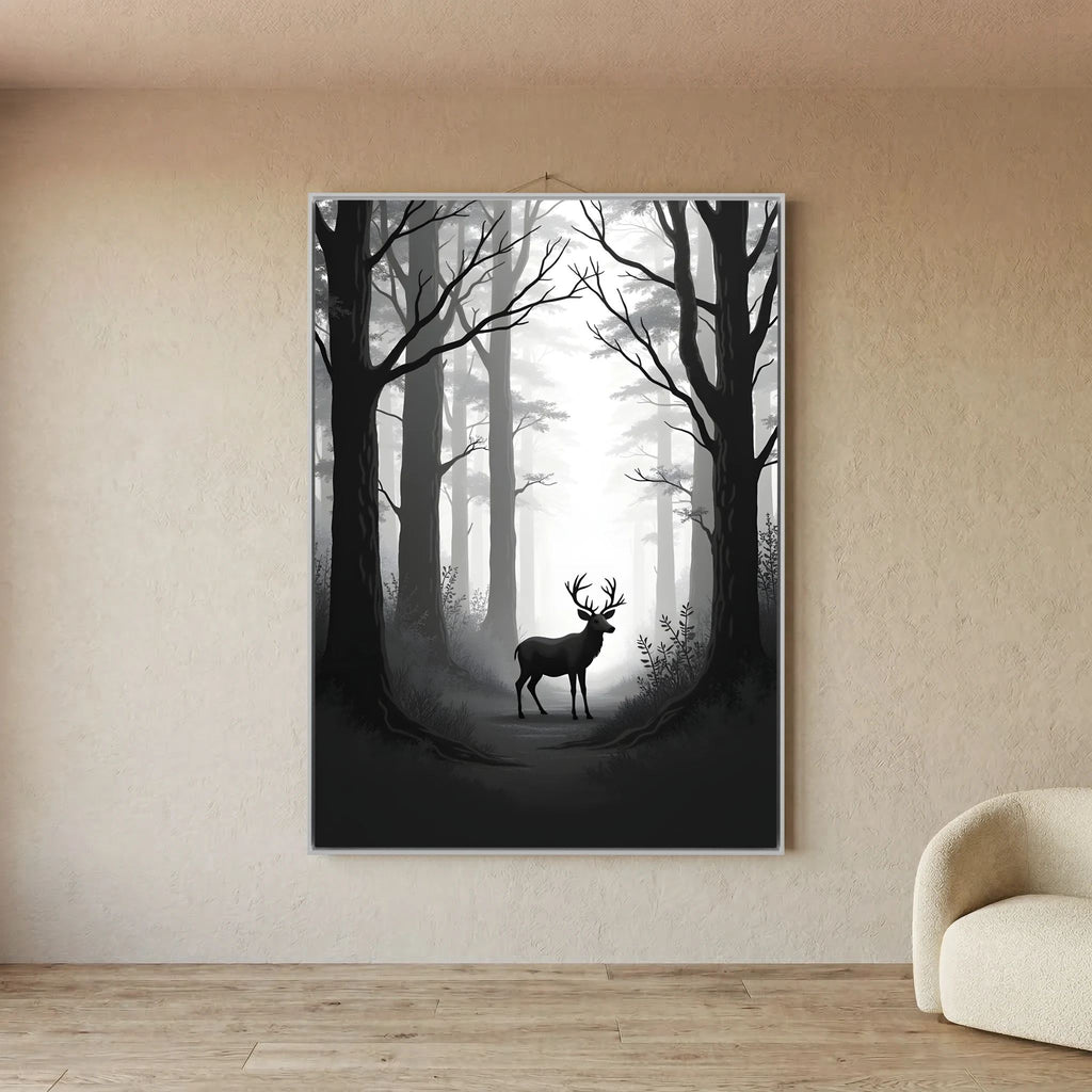 Deer Black & White Wall Canvas depicting a silhouette of a stag in a misty forest with tall, leafless trees in monochrome tones