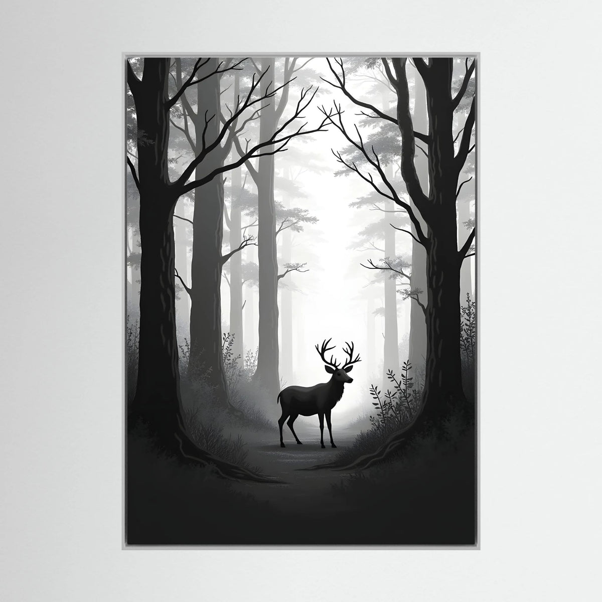Deer Black & White Wall Canvas featuring a silhouette of a stag in a misty forest with tall bare trees in grayscale tones
