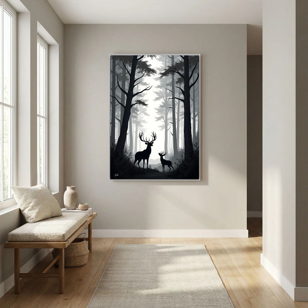 Deer Night Forest canvas wall art featuring a black silhouette of two deer in a grey and white misty forest scene with tall trees