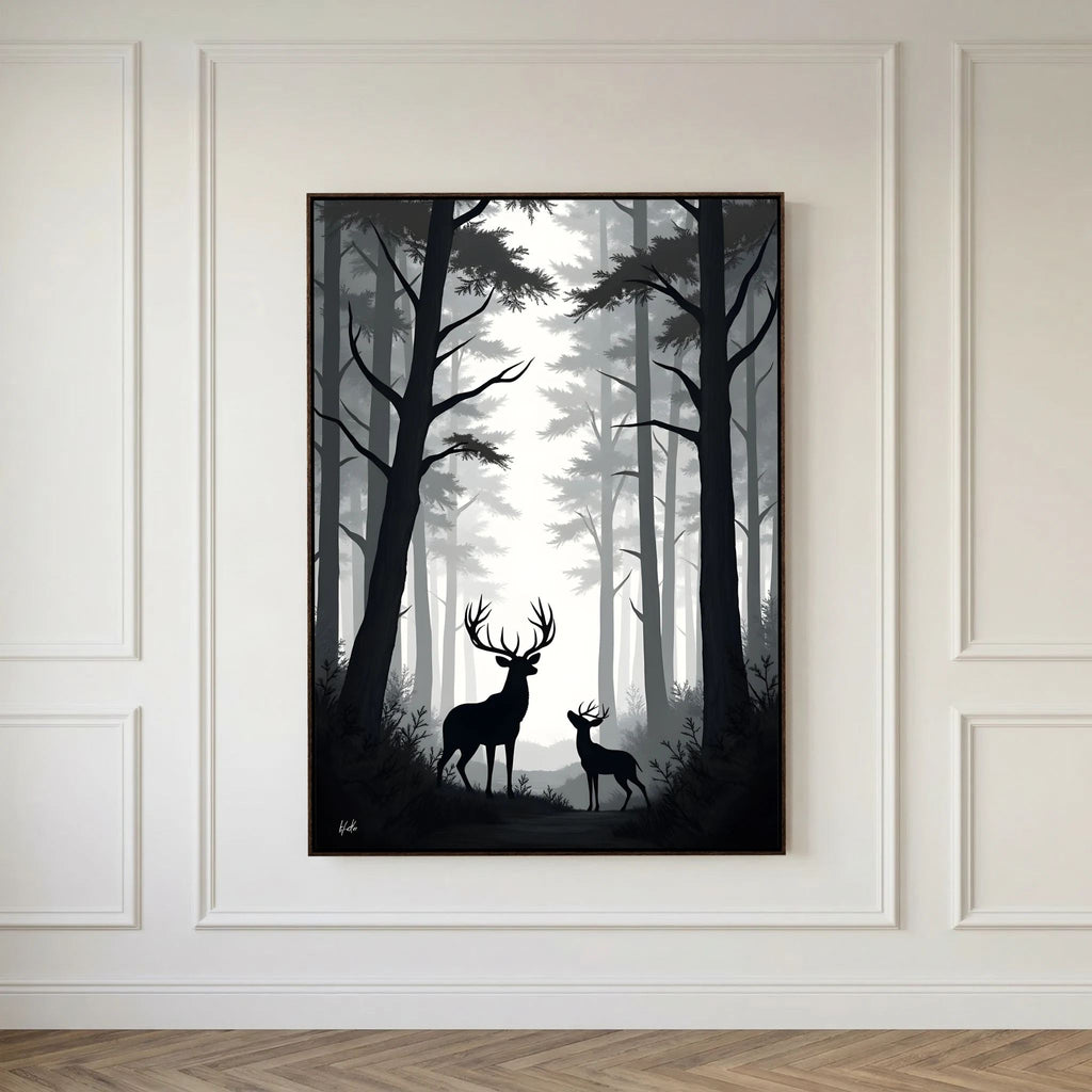 Deer Night Forest canvas wall art featuring silhouettes of two deer in a misty grayscale forest with tall trees and fog