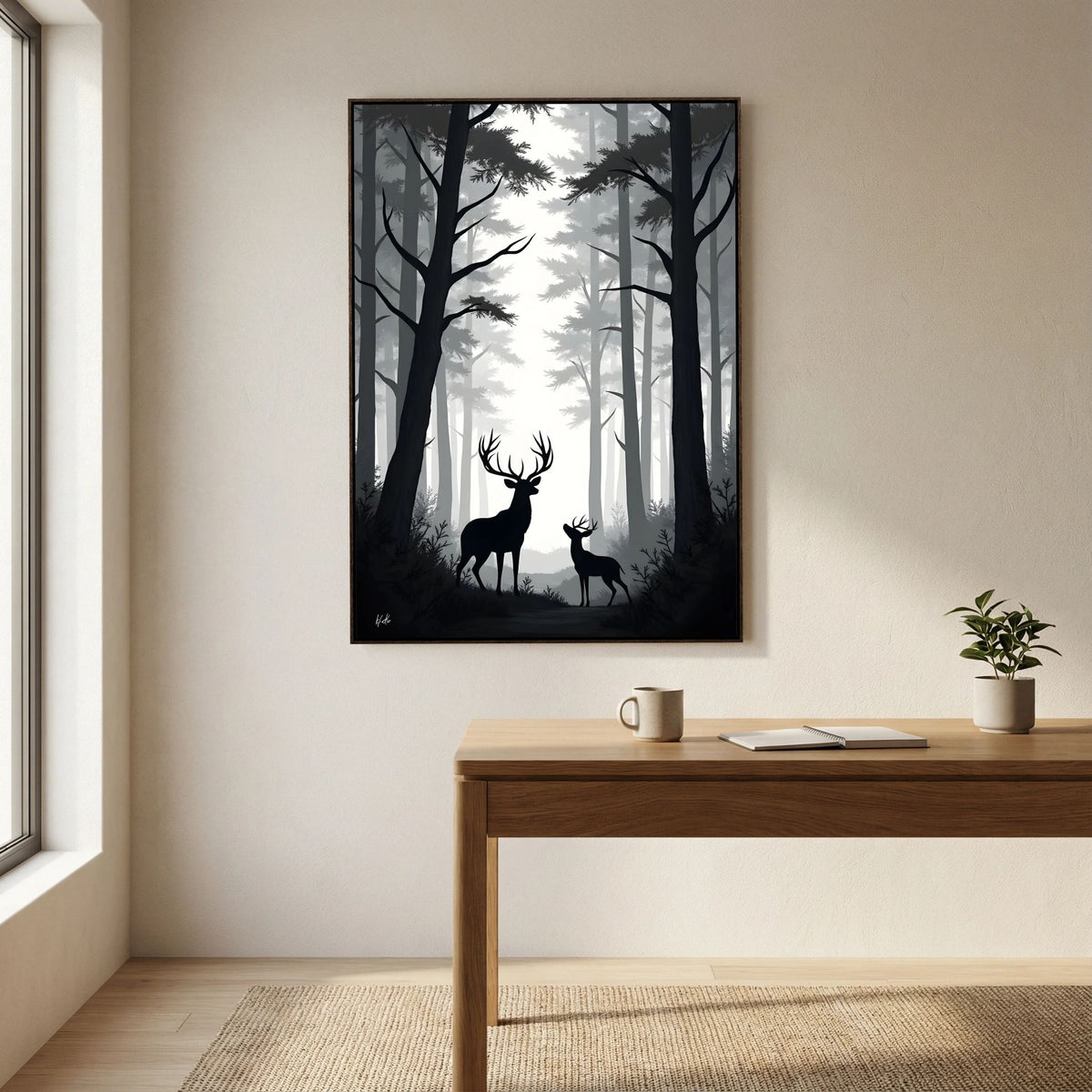 Deer Night Forest canvas wall art featuring silhouetted black deer and trees in a misty grey forest scene