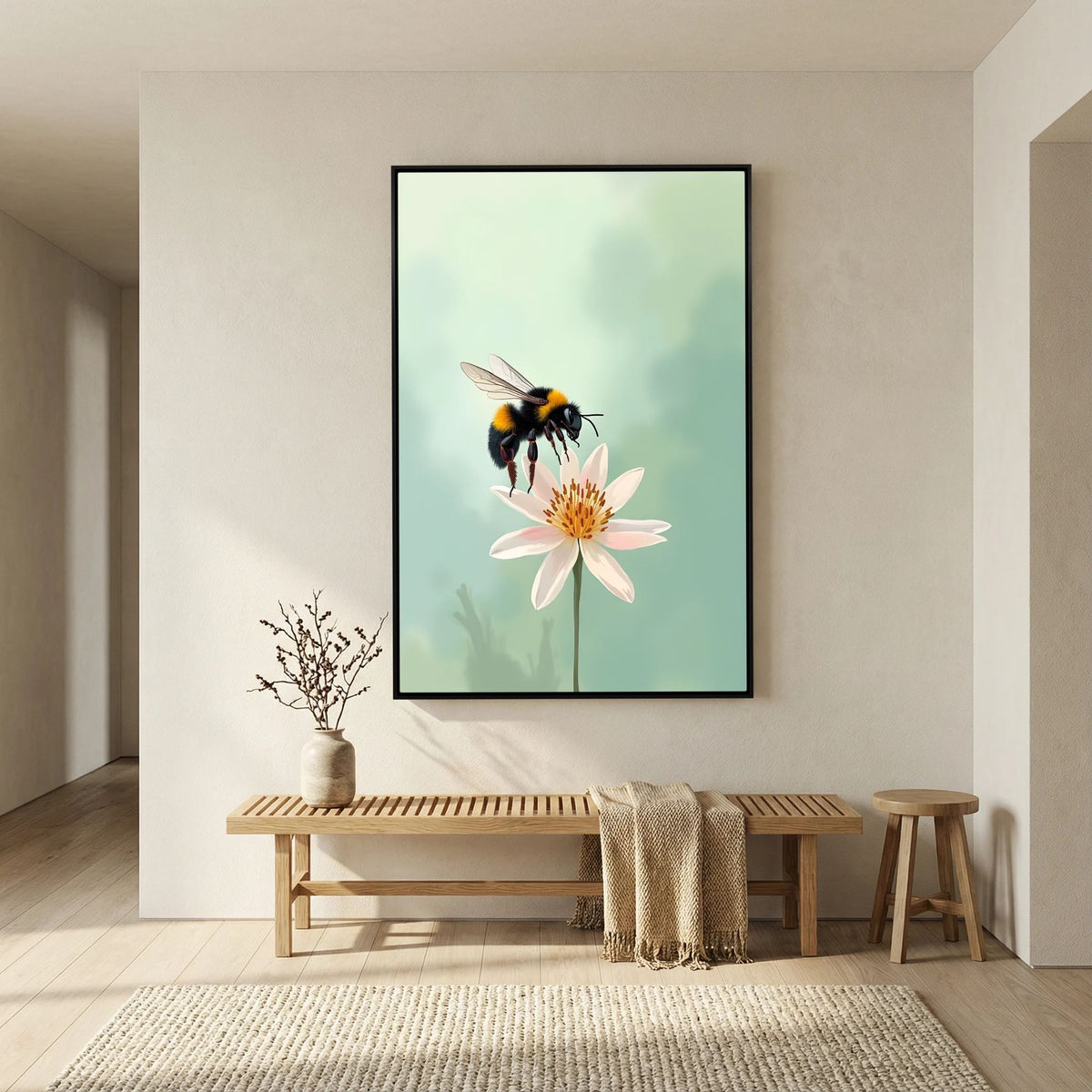 Delicate Bumble Bee wall art featuring a realistic bumble bee on a pink flower with a soft green background in a minimalist frame