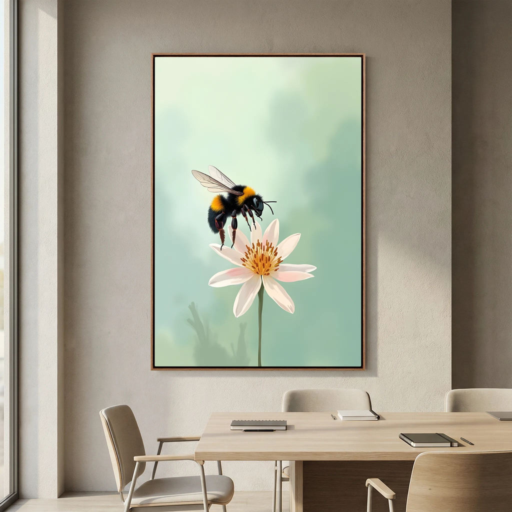 Delicate Bumble Bee wall art featuring a yellow and black bumblebee on a pale pink flower against a soft blue-green background