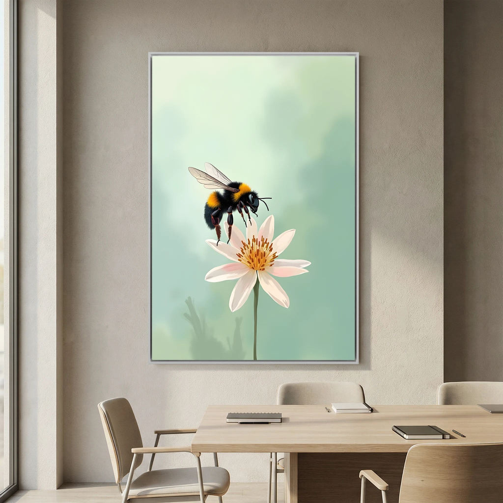 Delicate Bumble Bee wall art showing a yellow and black bumble bee hovering over a pale pink flower against a soft green background