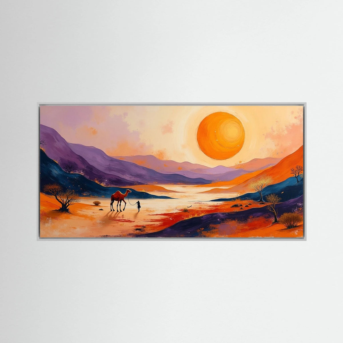 Desert Traveller canvas art featuring a vivid desert landscape with a large orange sun, purple mountains, and a figure leading a camel