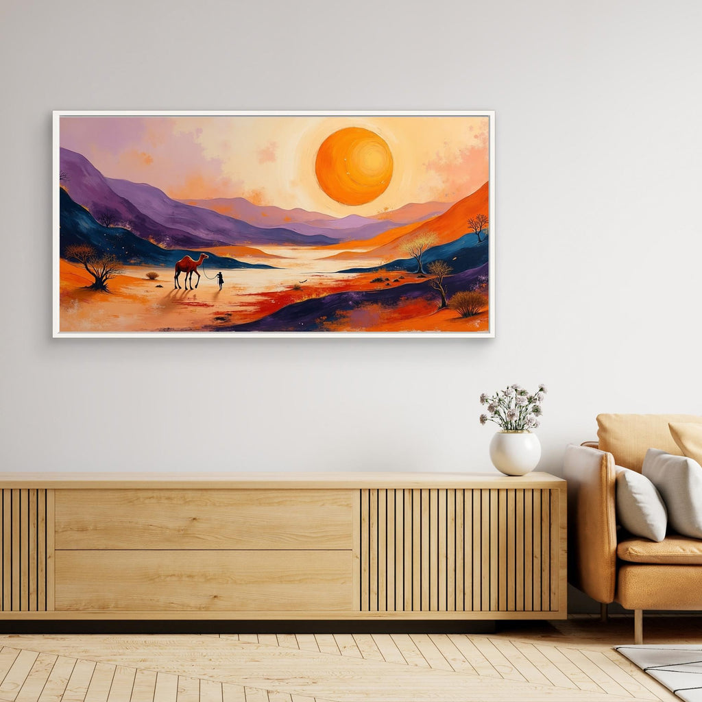 Desert Traveller canvas art depicting a vibrant desert landscape with an orange sun, purple mountains, and a camel silhouette