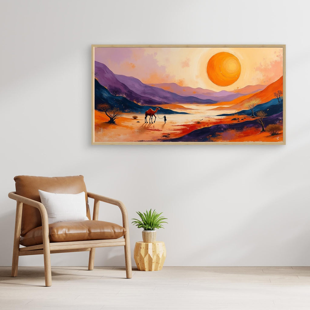 Desert Traveller canvas art with vibrant orange sun, purple mountains, desert landscape, camel, and a figure in warm tones