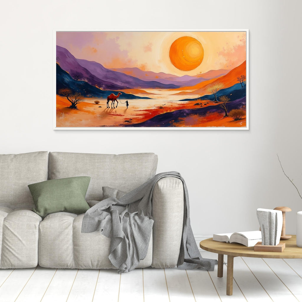 Desert Traveller canvas art featuring a vibrant desert landscape with a camel, a walker, mountains, and a large sun in warm orange and purple tones