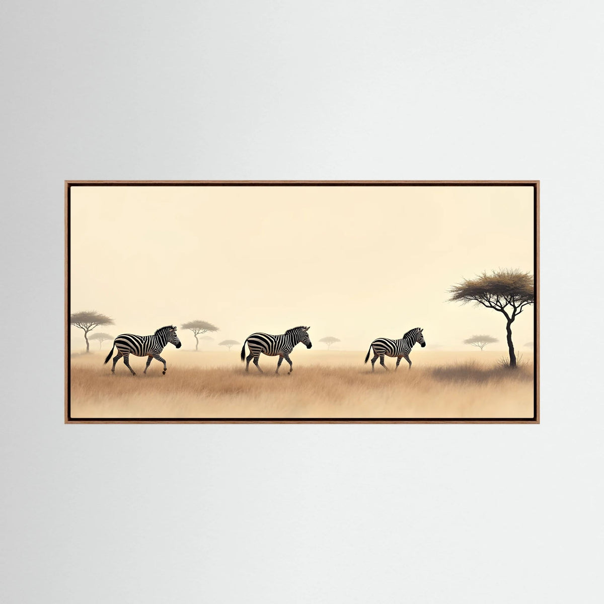 Desert Zebra Landscape canvas print featuring three zebras walking across a muted tan desert with sparse acacia trees in the distance