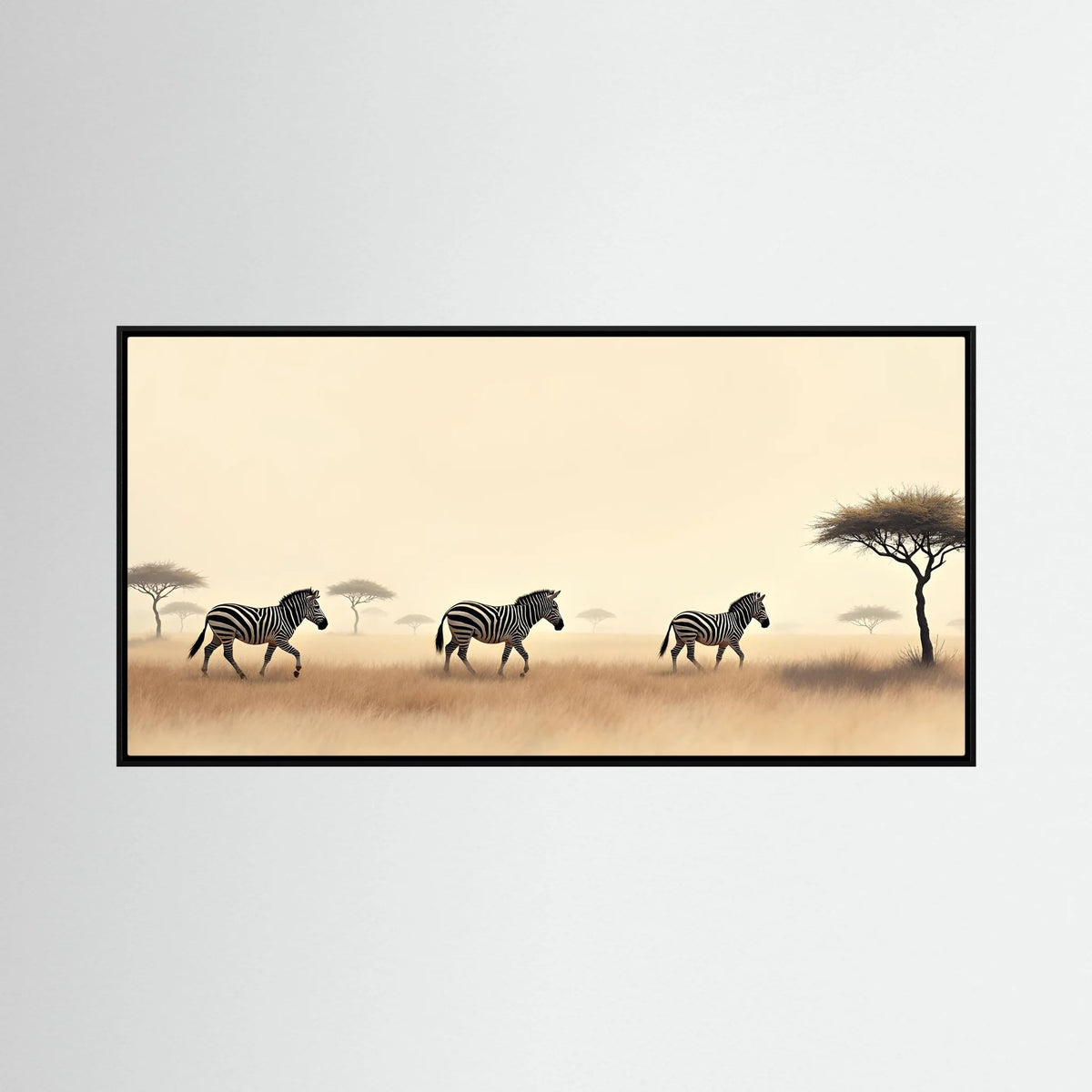 Desert Zebra Landscape canvas wall art featuring three black and white zebras walking in a beige desert with sparse trees