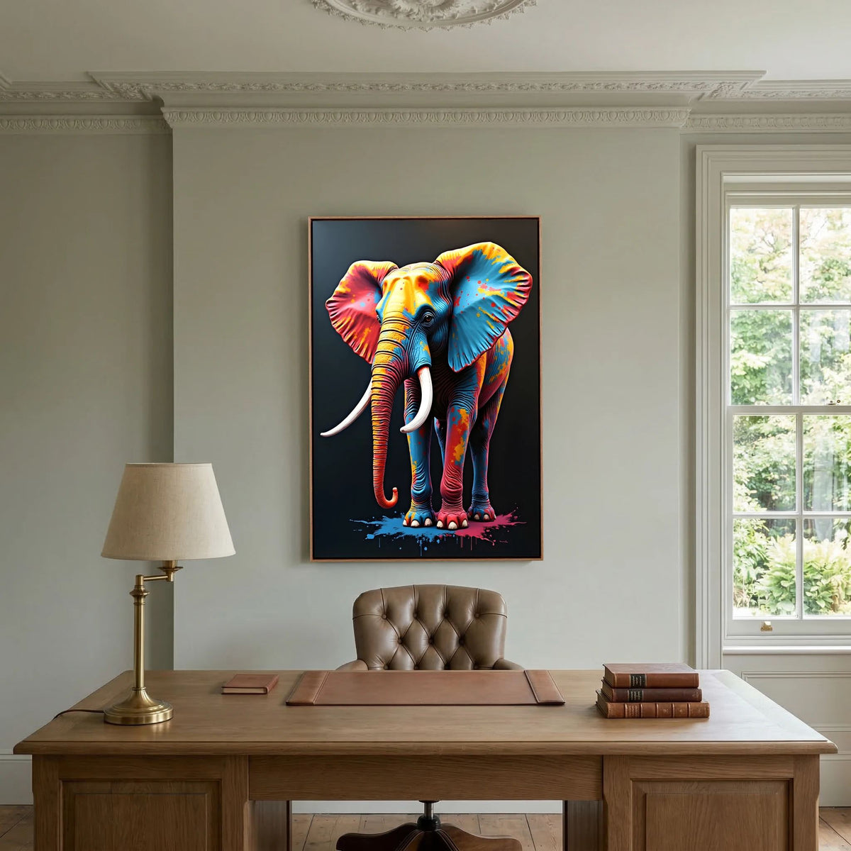 Elephant Art Safari canvas wall art featuring a vibrant, multicolored elephant on a black background with a simple wooden frame