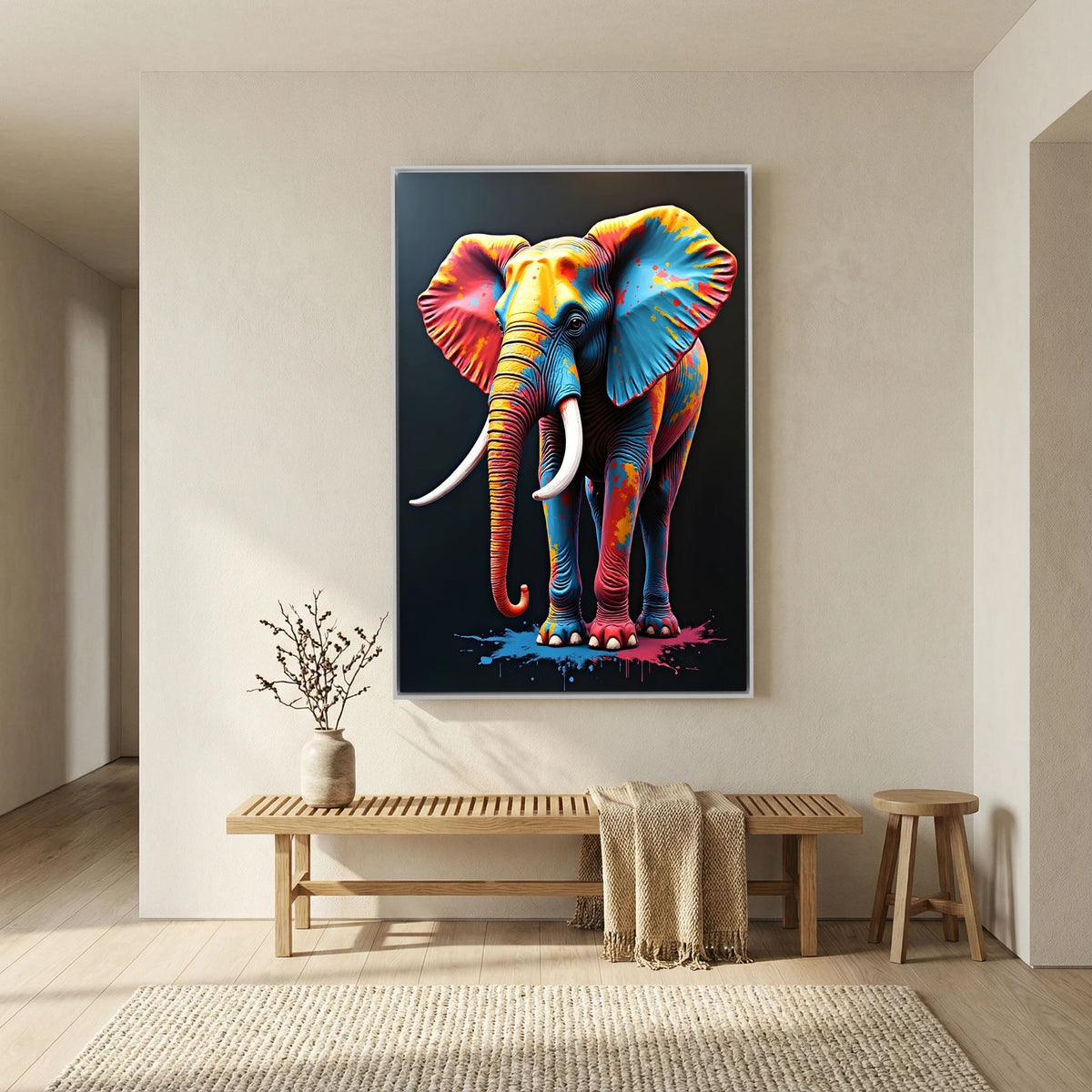 Elephant Art Safari canvas wall art featuring a colorful, vibrant paint-splattered elephant on a black background in a modern room