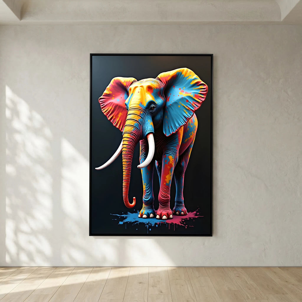 Elephant Art Safari canvas wall art featuring a vibrant multicolored elephant on a black background with paint splashes