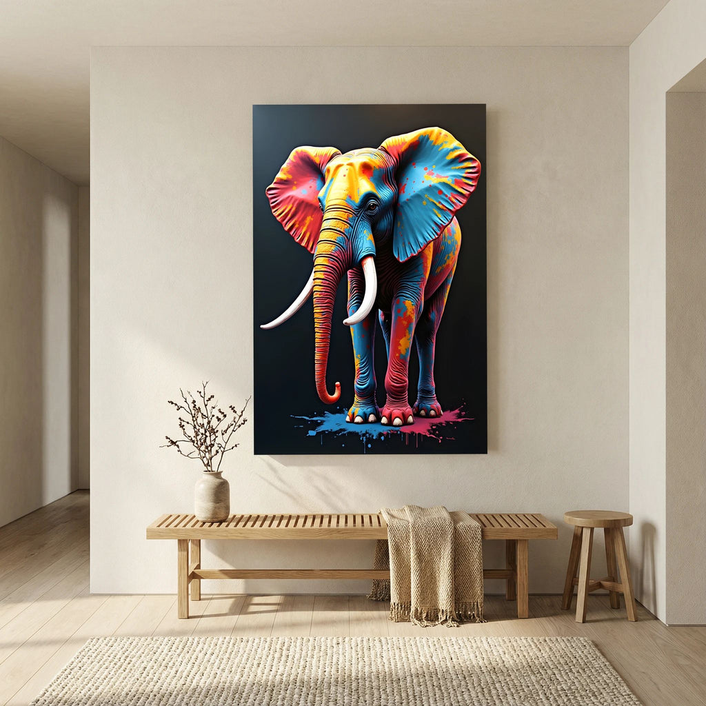 Elephant Art Safari canvas wall art featuring a vibrant multicolored painted elephant on a black background in a minimalist room