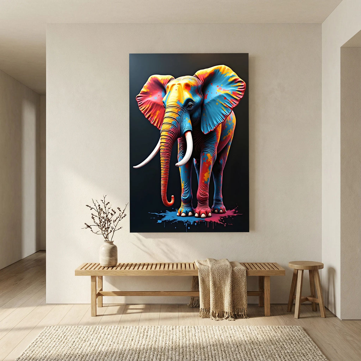 Elephant Art Safari canvas wall art featuring a vibrant multicolored painted elephant on a black background in a minimalist room