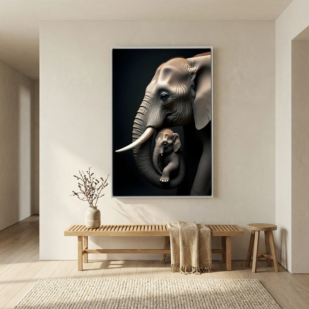Elephant Modern Canvas featuring a detailed black and white depiction of a mother elephant and calf on a dark background in a white frame