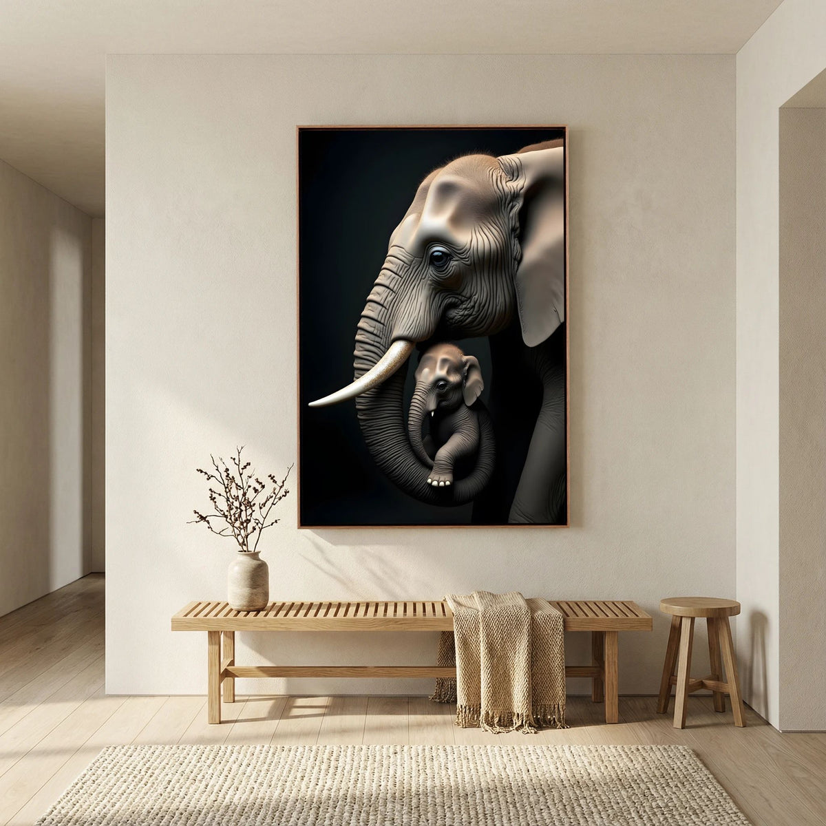 Elephant Modern Canvas wall art featuring detailed grey elephants on a black background in a wooden frame hung above a wooden bench