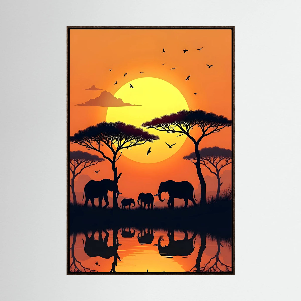 Elephants At Sunset canvas wall art featuring black elephant silhouettes with trees and birds against a vivid orange and yellow sunset sky