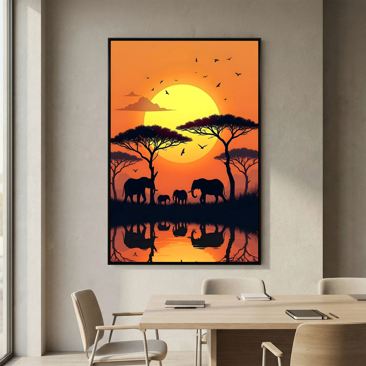 Elephants At Sunset canvas wall art featuring silhouetted elephants and acacia trees against an orange sky and large yellow sun with reflections