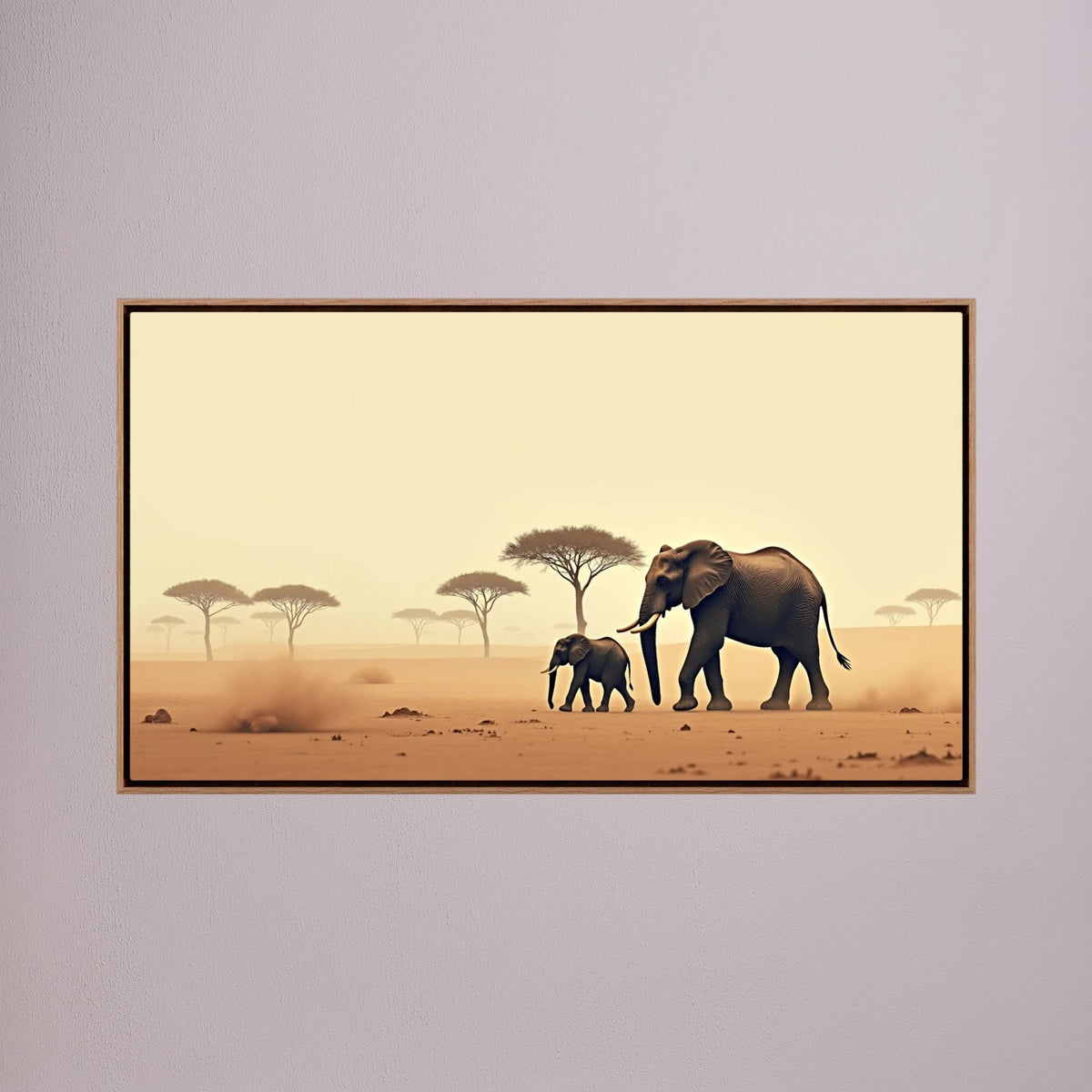 Elephants Desert Canvas featuring an adult and baby elephant walking on dusty desert ground with sparse acacia trees and a soft sandy color palette