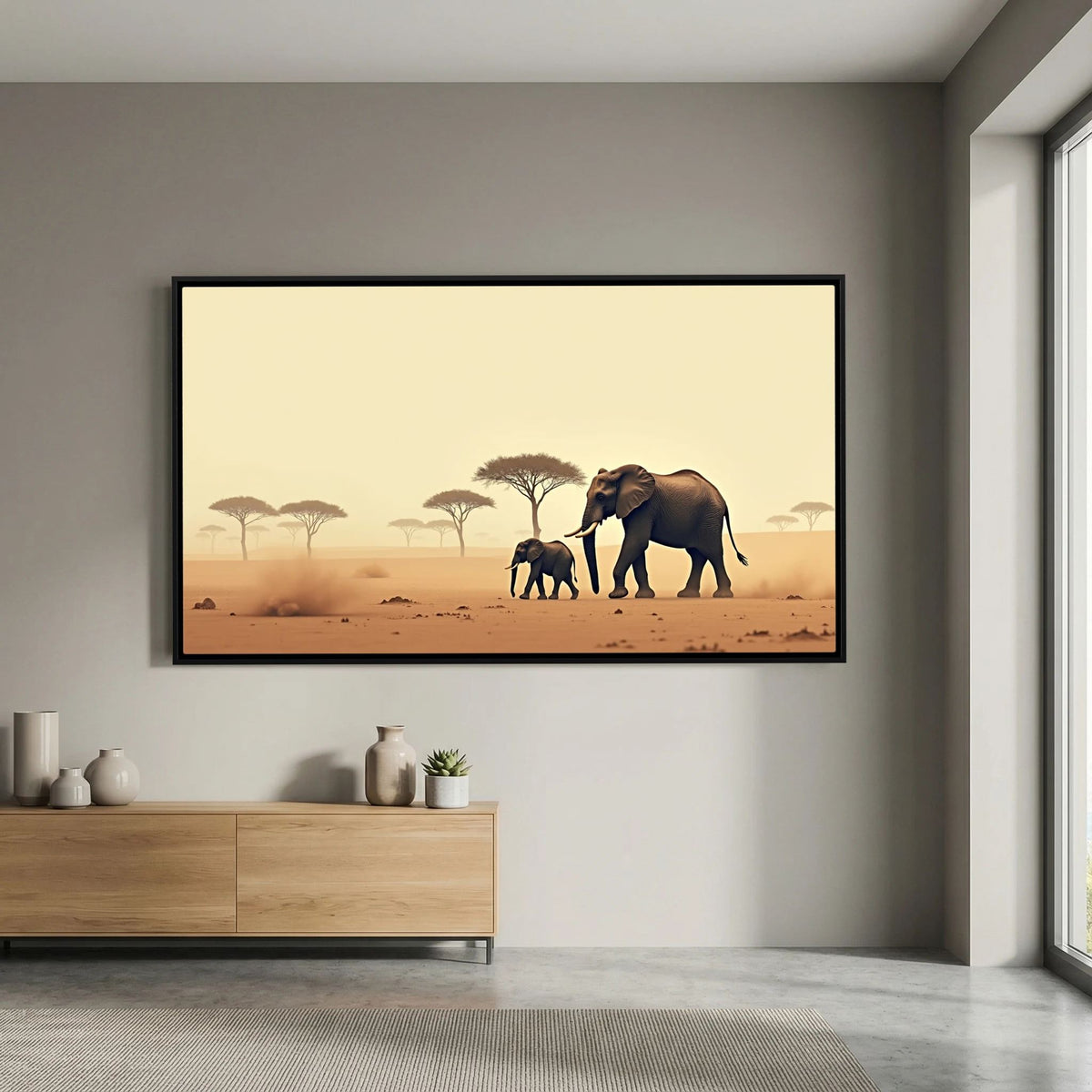 Elephants Desert Canvas wall art featuring two elephants walking in a sandy desert with sparse trees and soft warm tones