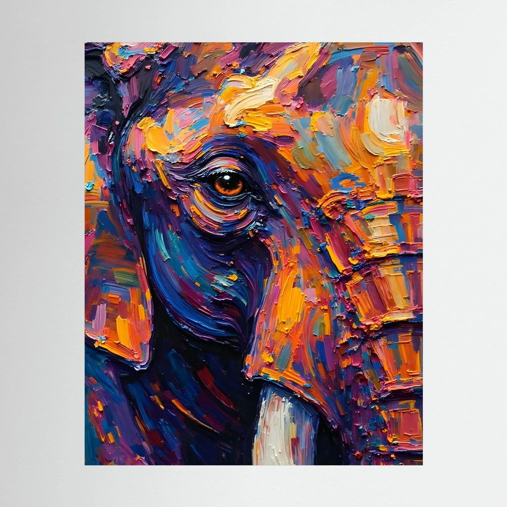 Elephants Eye Oil vibrant oil style canvas print of an elephant's face with bold, colorful brushstrokes in blue, orange, yellow, and purple hues