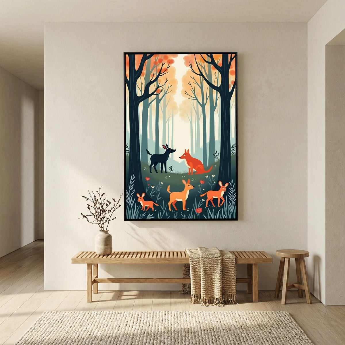 Forest Scene Animal Scene Wall Canvas featuring stylized woodland animals in orange and black amidst tall blue and orange trees on a matte canvas